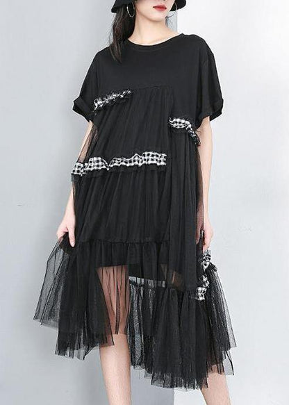 Chic Cotton Tunics 18th Century Irregular Round Neck Spliced Mesh Dress - SooLinen