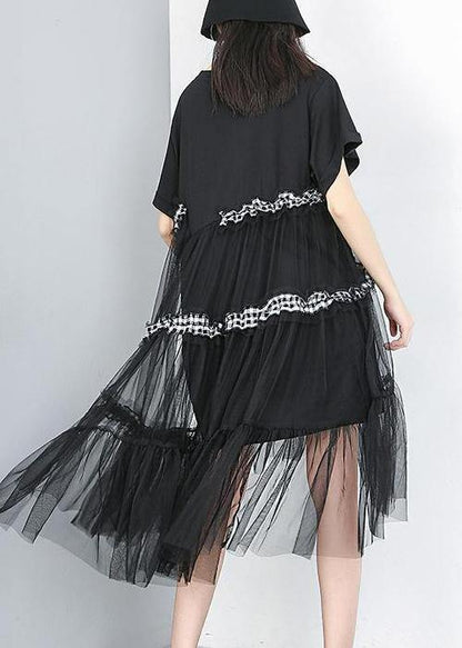 Chic Cotton Tunics 18th Century Irregular Round Neck Spliced Mesh Dress - SooLinen