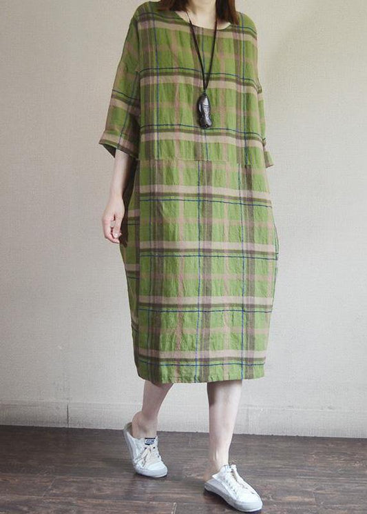 Chic Cotton tunic top 2019 Vintage Plaid Round Neck Cotton Linen Dress - SooLinen