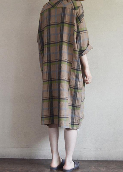 Chic Cotton tunic top 2019 Vintage Plaid Round Neck Cotton Linen Dress - SooLinen