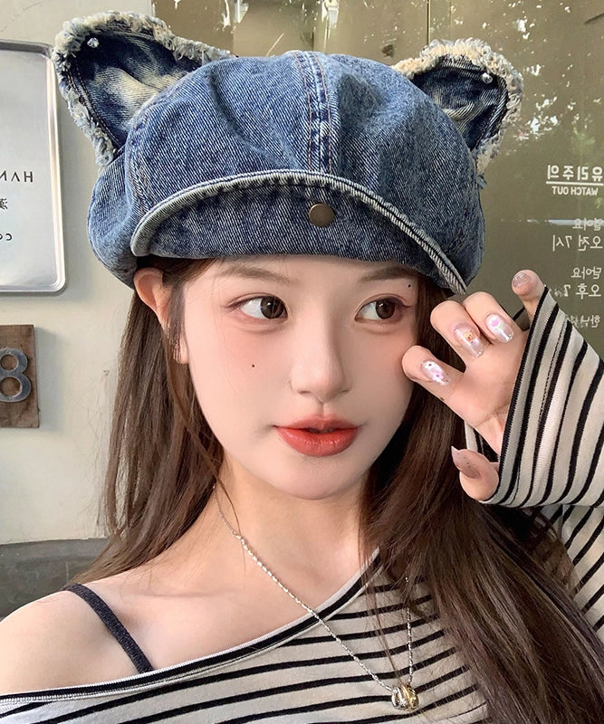 Chic Cute Dark Blue Cat Ear Denim Breton Hat