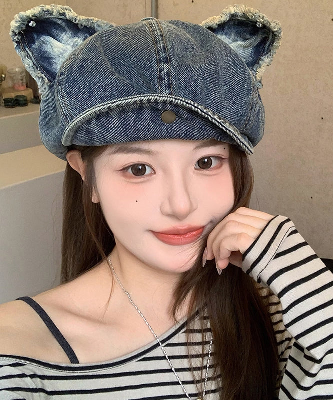 Chic Cute Dark Blue Cat Ear Denim Breton Hat