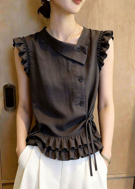 Chic Dark Grey Ruffled Lace Up Cotton Vests Sleeveless