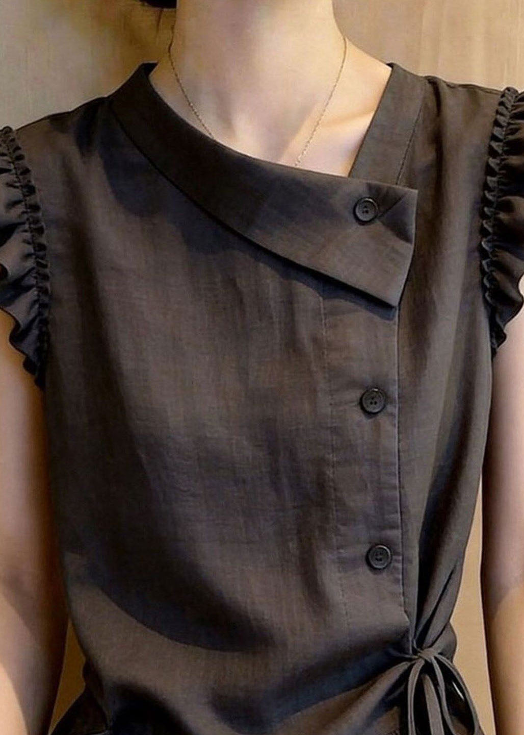 Chic Dark Grey Ruffled Lace Up Cotton Vests Sleeveless