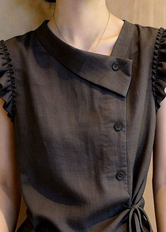 Chic Dark Grey Ruffled Lace Up Cotton Vests Sleeveless