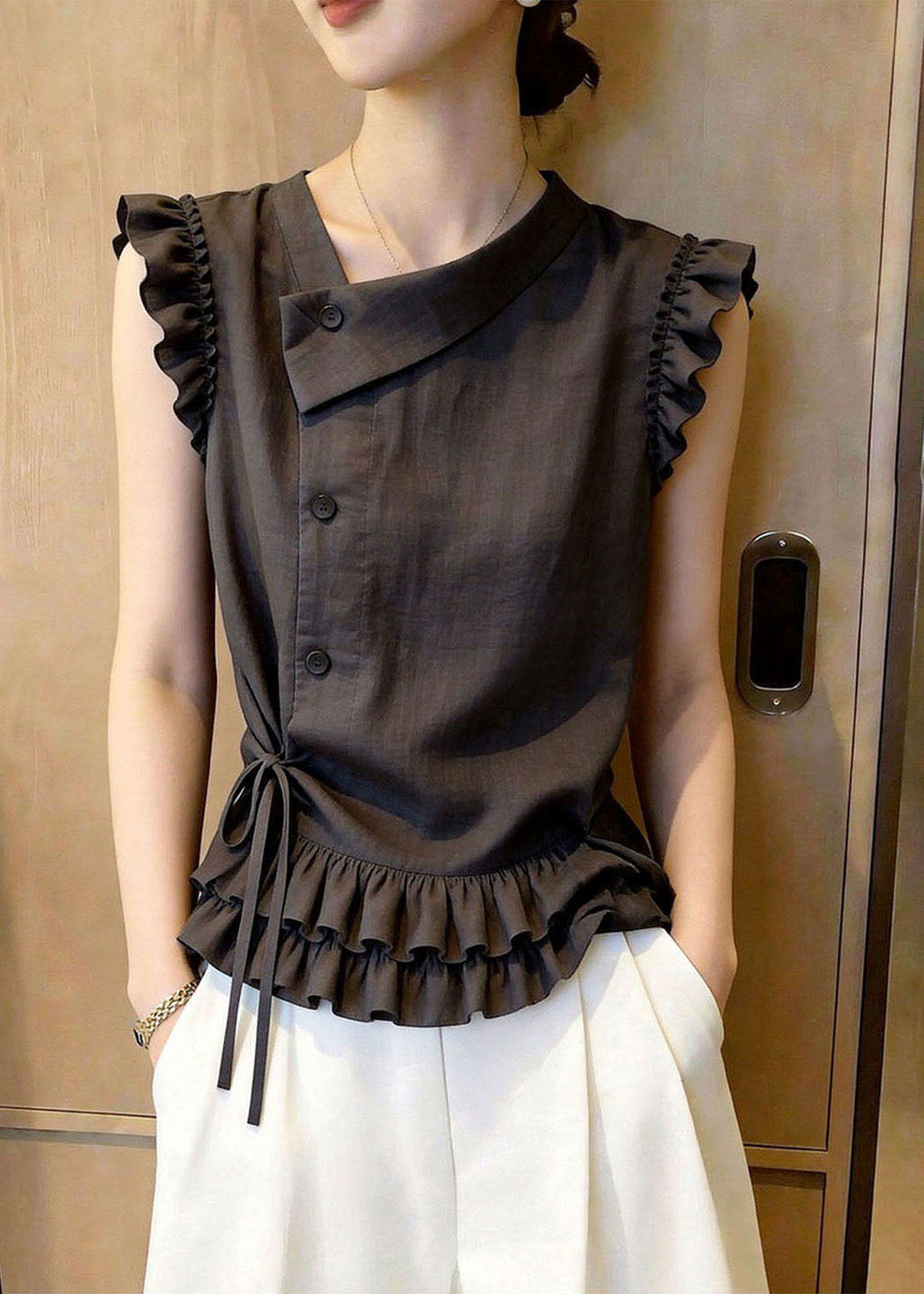Chic Dark Grey Ruffled Lace Up Cotton Vests Sleeveless