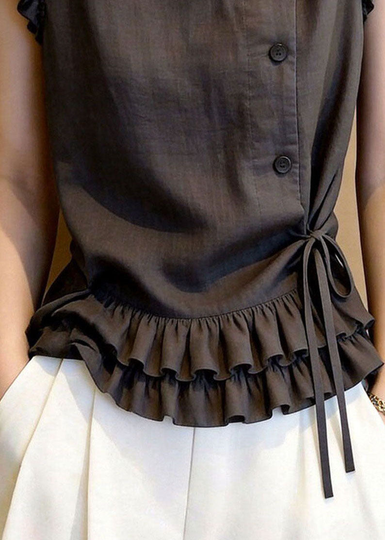Chic Dark Grey Ruffled Lace Up Cotton Vests Sleeveless