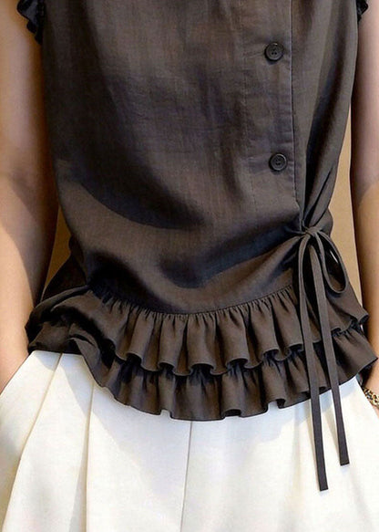 Chic Dark Grey Ruffled Lace Up Cotton Vests Sleeveless