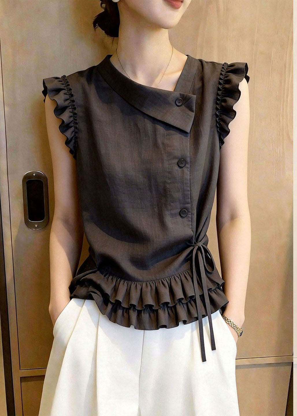 Chic Dark Grey Ruffled Lace Up Cotton Vests Sleeveless