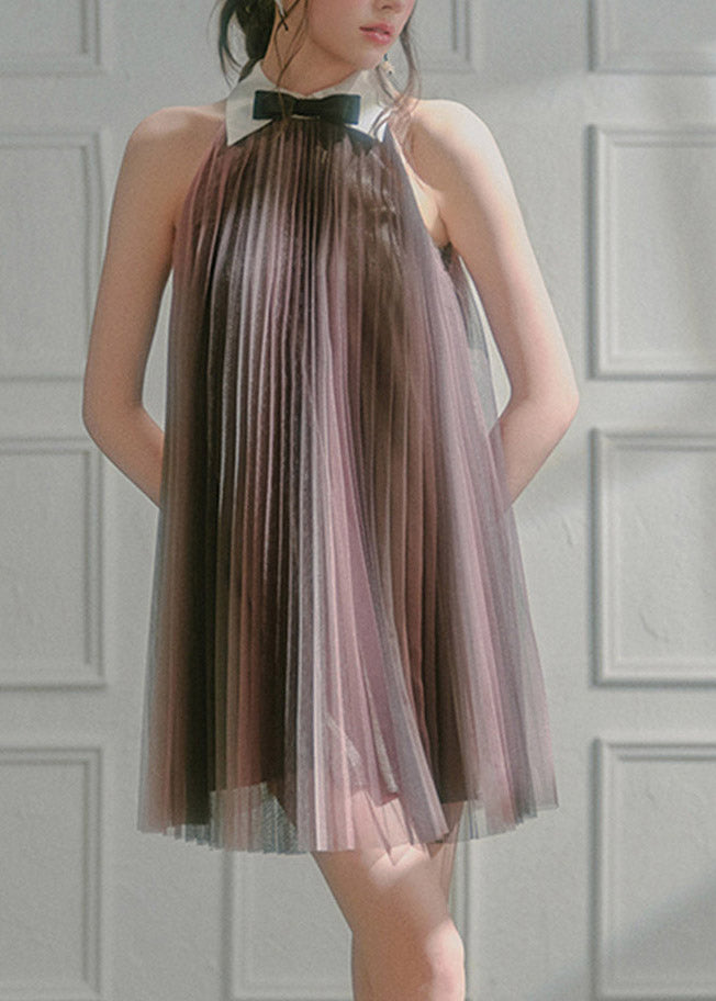 Chic Dark Pink Peter Pan Collar Patchwork Silk Mid Dresses Sleeveless