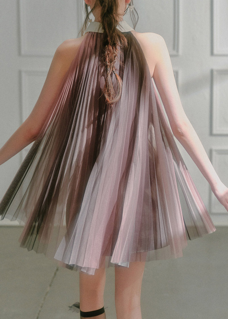 Chic Dark Pink Peter Pan Collar Patchwork Silk Mid Dresses Sleeveless