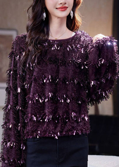 Chic Dark Purple Sequins Tassel Top Fall