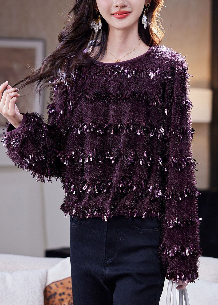 Chic Dark Purple Sequins Tassel Top Fall