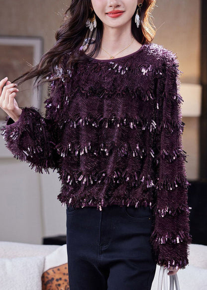 Chic Dark Purple Sequins Tassel Top Fall