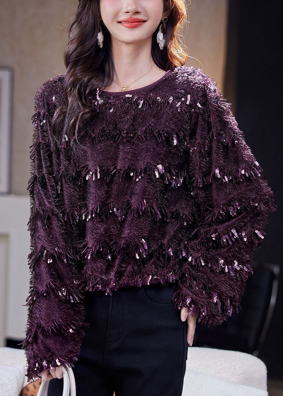 Chic Dark Purple Sequins Tassel Top Fall