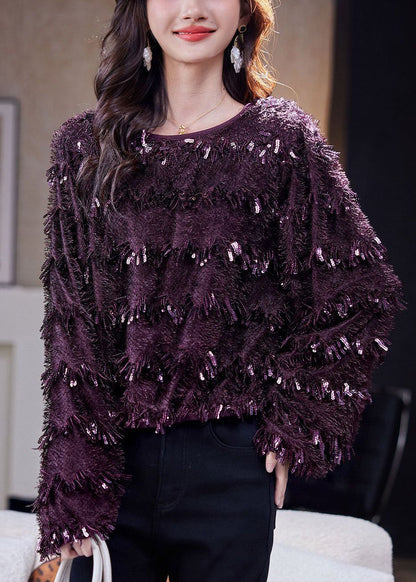 Chic Dark Purple Sequins Tassel Top Fall