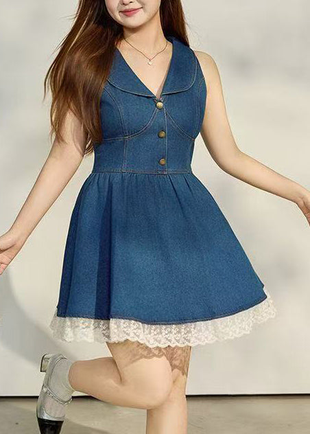 Chic Denim Blue V Neck Patchwork Lace Tea Dress Summer