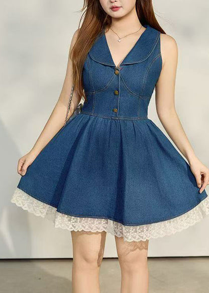 Chic Denim Blue V Neck Patchwork Lace Tea Dress Summer