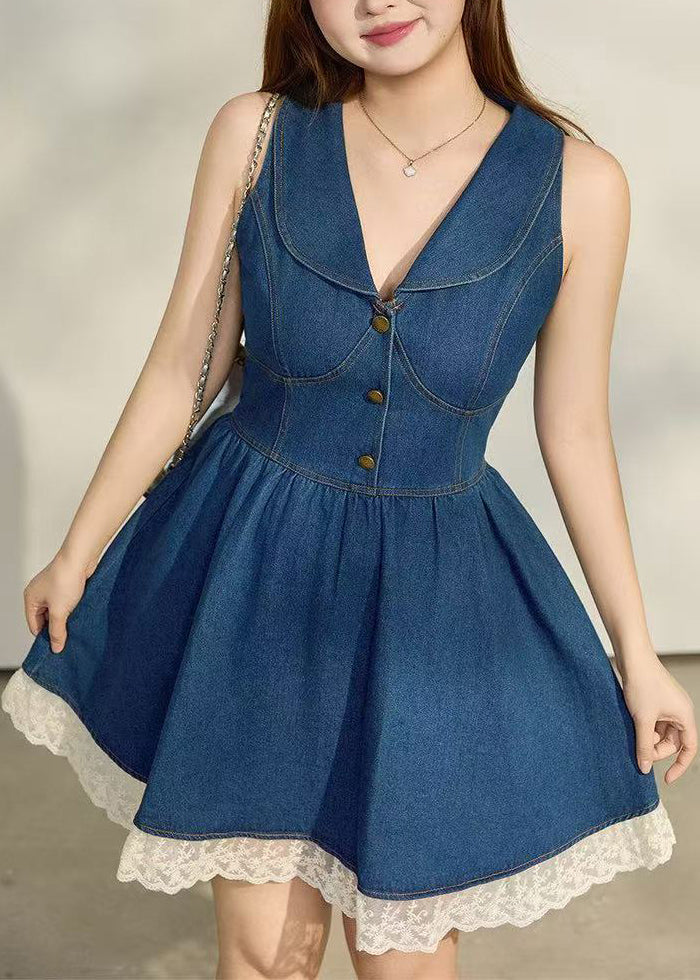 Chic Denim Blue V Neck Patchwork Lace Tea Dress Summer