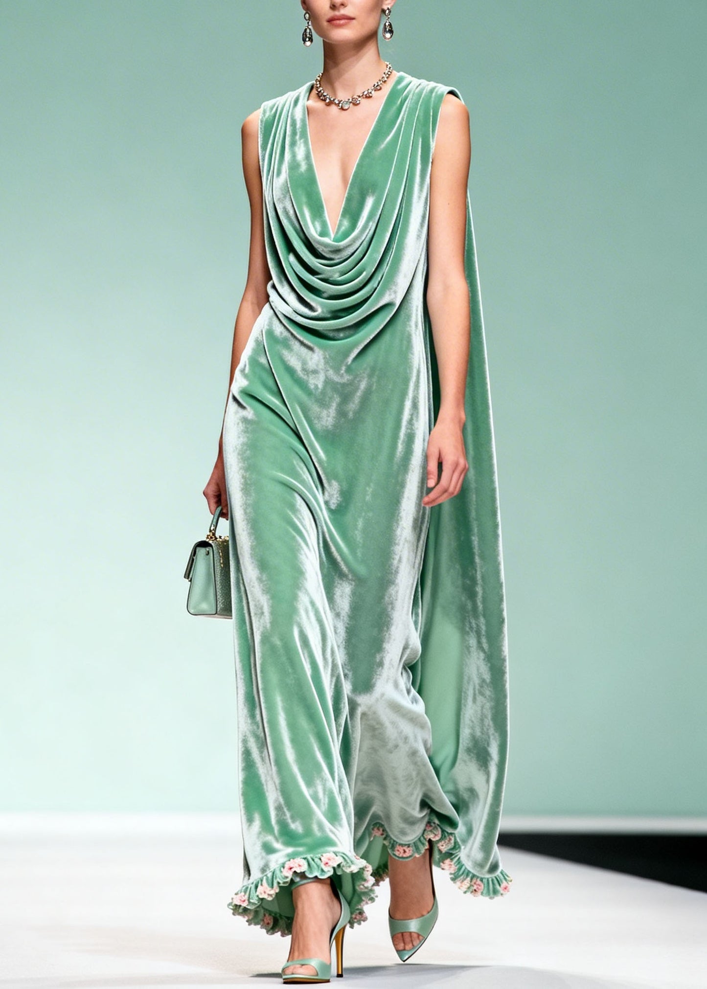 Chic Draped Neckline Ruffled Floral Patchwork Velvet Dress Sleeveless