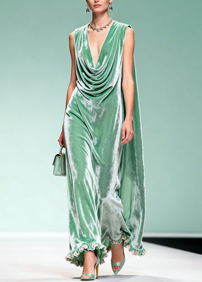 Chic Draped Neckline Ruffled Floral Patchwork Velvet Dress Sleeveless