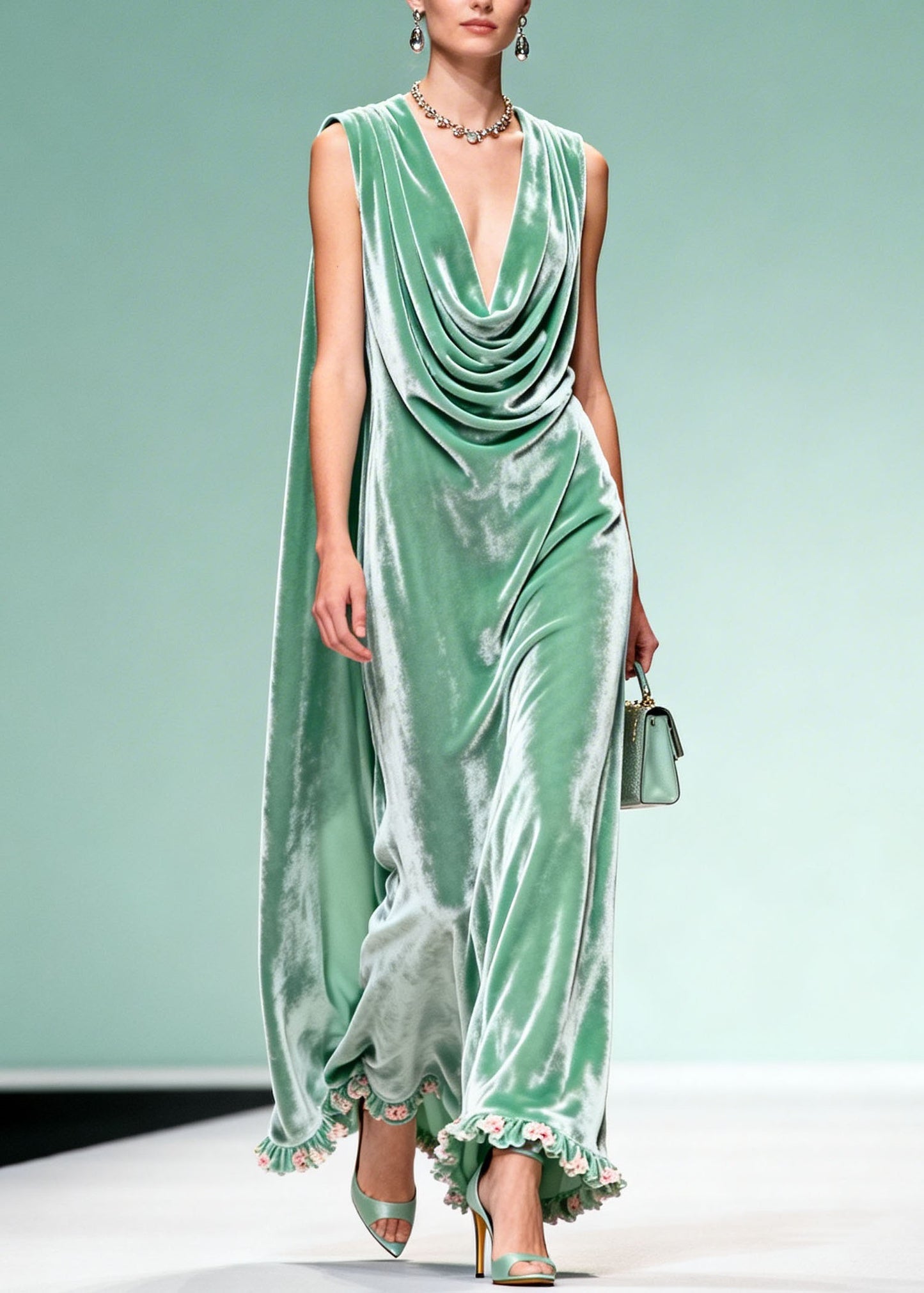 Chic Draped Neckline Ruffled Floral Patchwork Velvet Dress Sleeveless