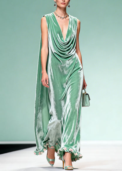 Chic Draped Neckline Ruffled Floral Patchwork Velvet Dress Sleeveless