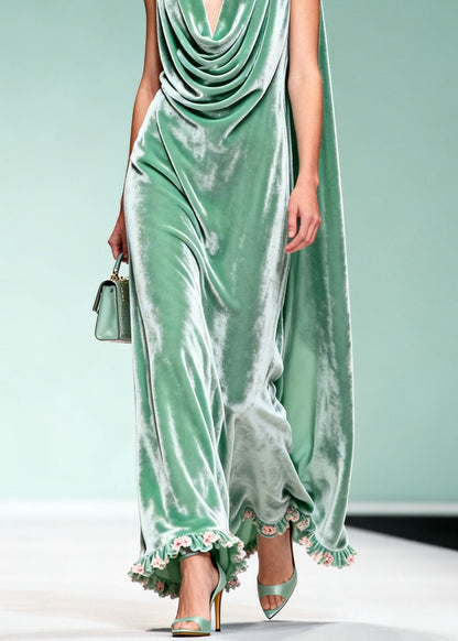Chic Draped Neckline Ruffled Floral Patchwork Velvet Dress Sleeveless