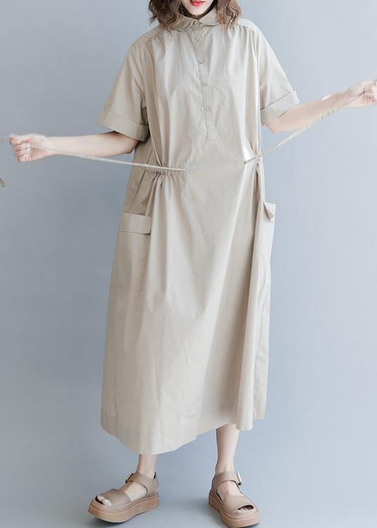 Chic Drawstring Cotton Summer Clothes For Women Runway Khaki long Dresses - SooLinen