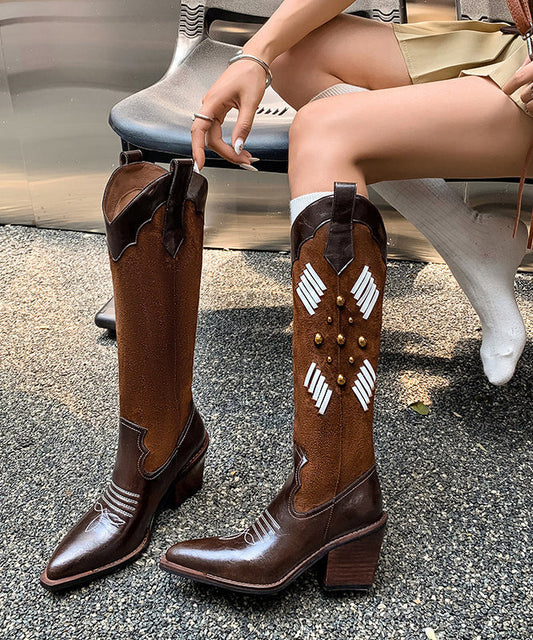 Chic Embroidery Splicing Chunky Boots Brown Cowhide Leather