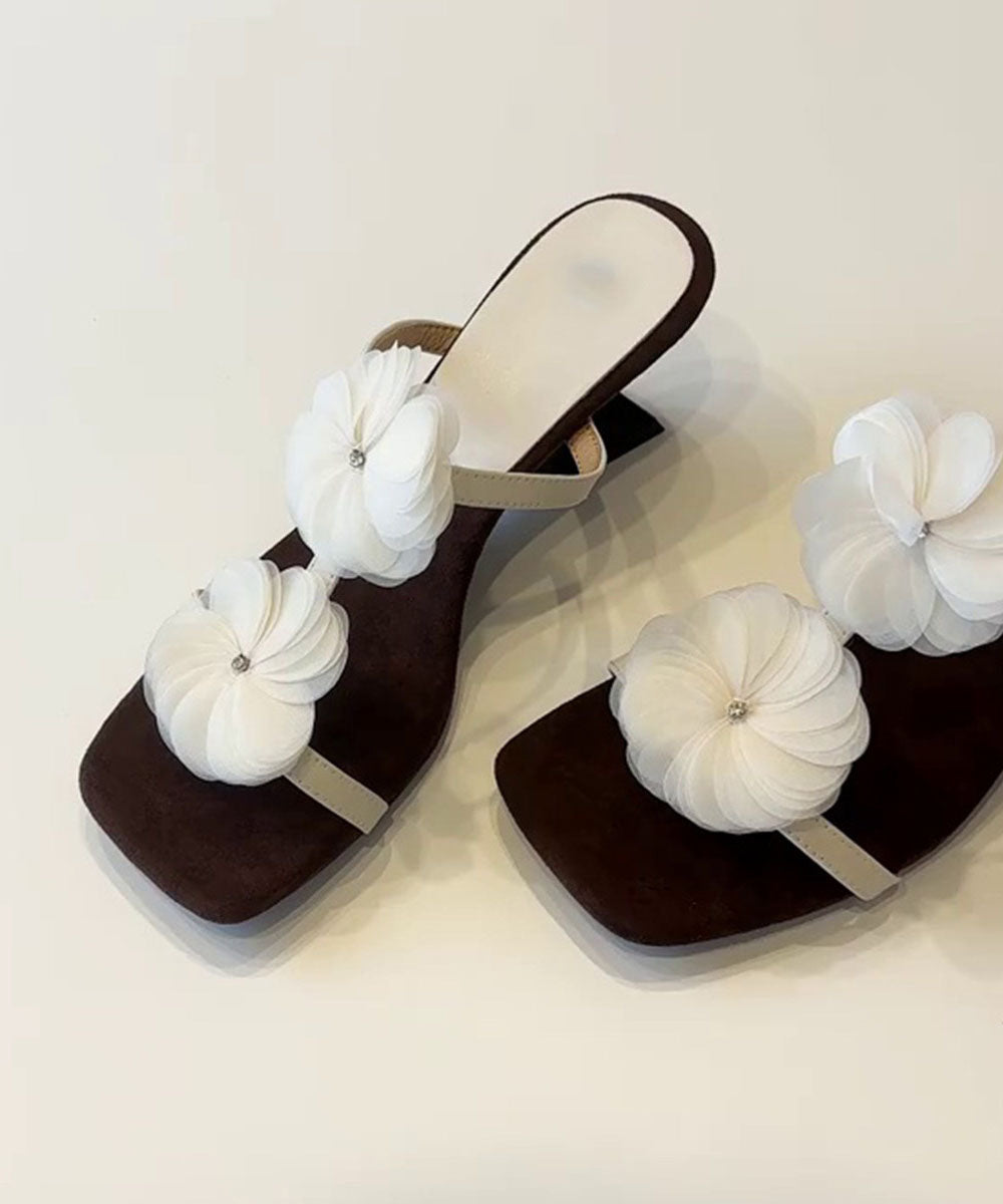Chic Floral Splicing Wedge Brown Faux Leather Slide Sandals