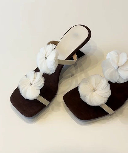 Chic Floral Splicing Wedge Brown Faux Leather Slide Sandals
