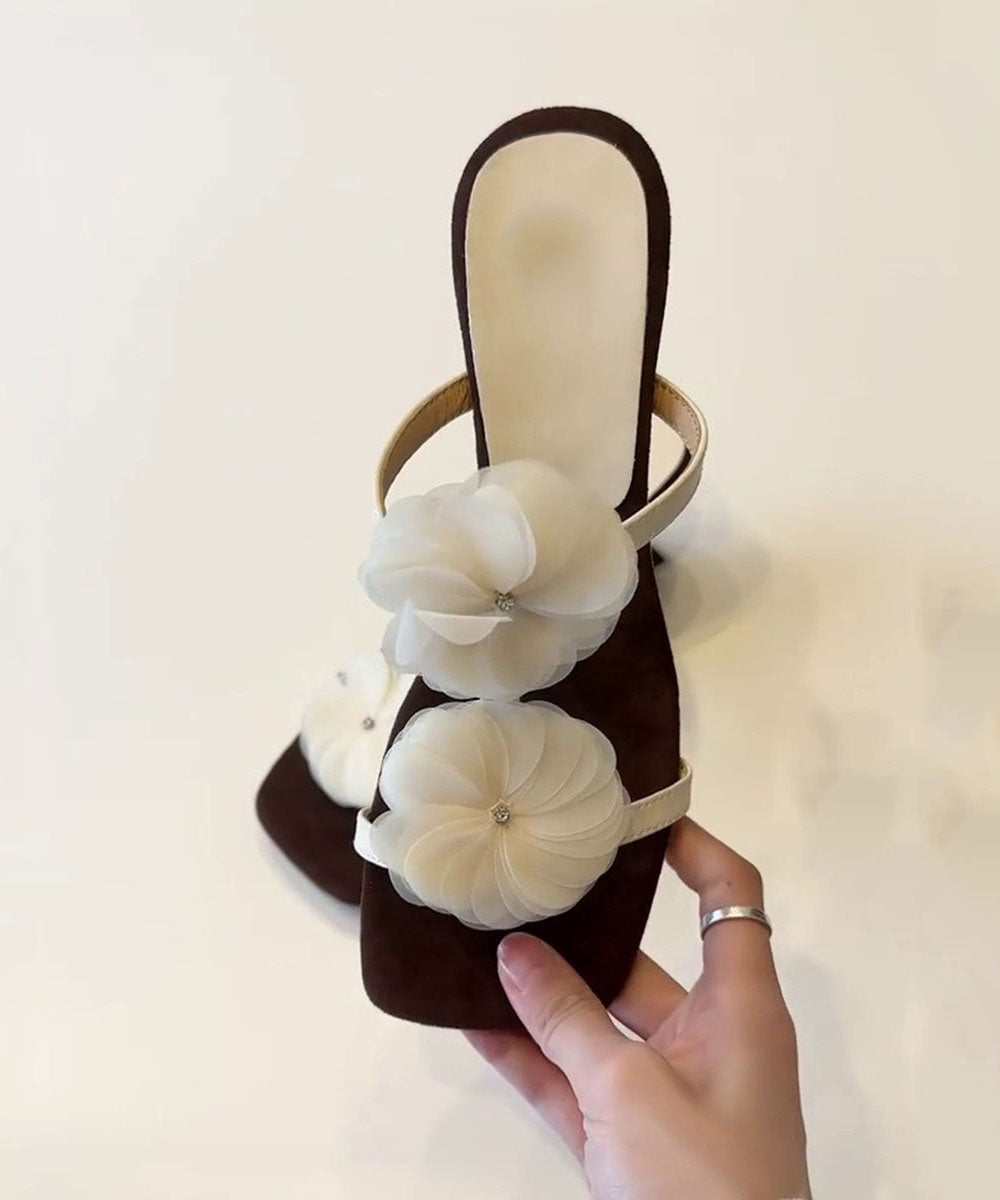 Chic Floral Splicing Wedge Brown Faux Leather Slide Sandals