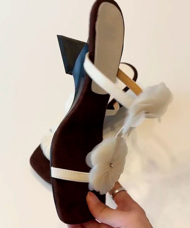 Chic Floral Splicing Wedge Brown Faux Leather Slide Sandals
