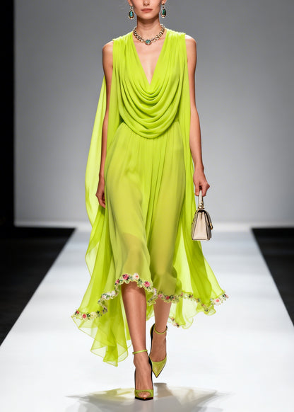 Chic Fluorescent Green Turtle Neck Floral Chiffon Long Dresses Summer