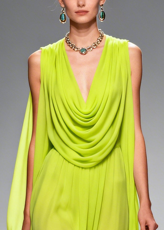 Chic Fluorescent Green Turtle Neck Floral Chiffon Long Dresses Summer