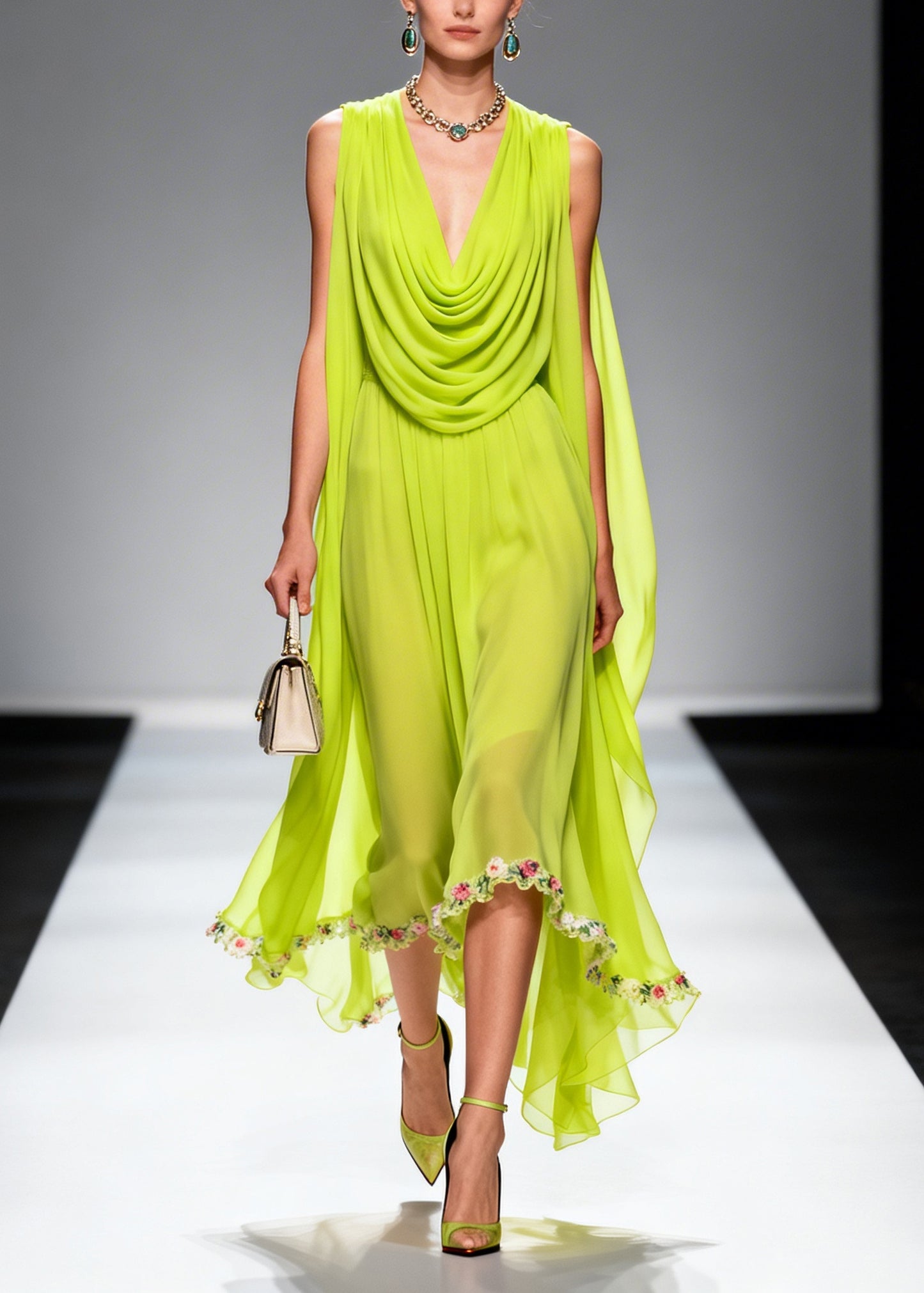 Chic Fluorescent Green Turtle Neck Floral Chiffon Long Dresses Summer
