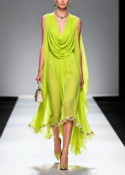 Chic Fluorescent Green Turtle Neck Floral Chiffon Long Dresses Summer