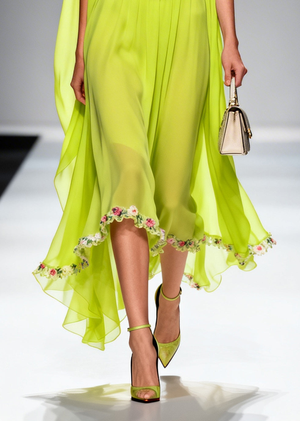 Chic Fluorescent Green Turtle Neck Floral Chiffon Long Dresses Summer