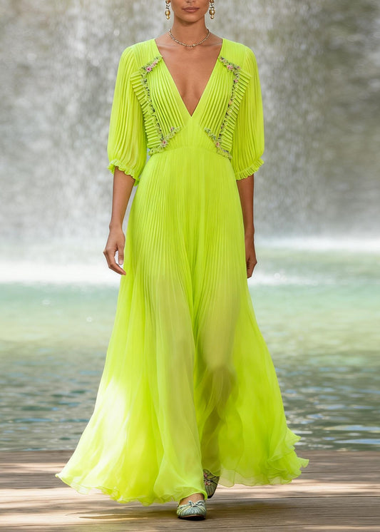 Chic Fluorescent Green V Neck Wrinkled Patchwork Chiffon Maxi Dresses Summer