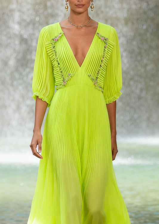 Chic Fluorescent Green V Neck Wrinkled Patchwork Chiffon Maxi Dresses Summer