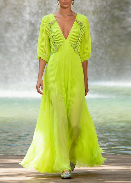 Chic Fluorescent Green V Neck Wrinkled Patchwork Chiffon Maxi Dresses Summer