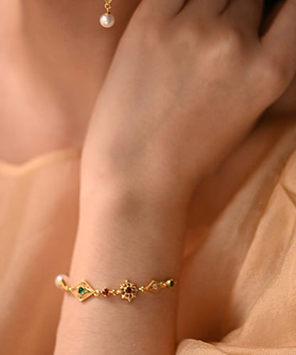 Chic Geometric Pearl Gem Stone Adjustable Gold Plated Bracelet