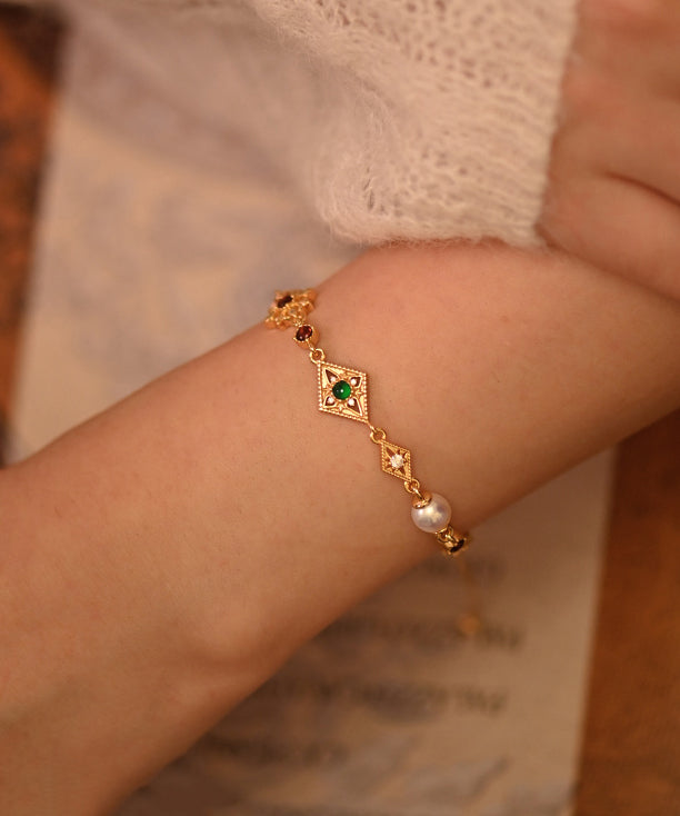 Chic Geometric Pearl Gem Stone Adjustable Gold Plated Bracelet