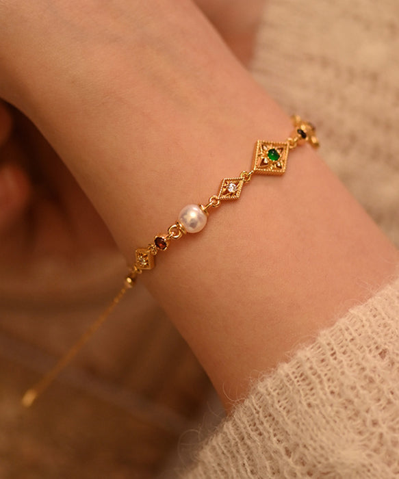 Chic Geometric Pearl Gem Stone Adjustable Gold Plated Bracelet