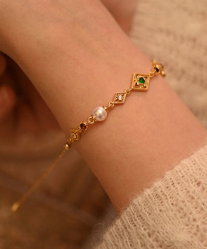 Chic Geometric Pearl Gem Stone Adjustable Gold Plated Bracelet