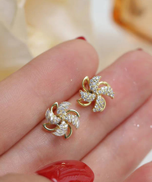 Chic Gold Copper Alloy Zircon A Spinning Windmill Stud Earrings