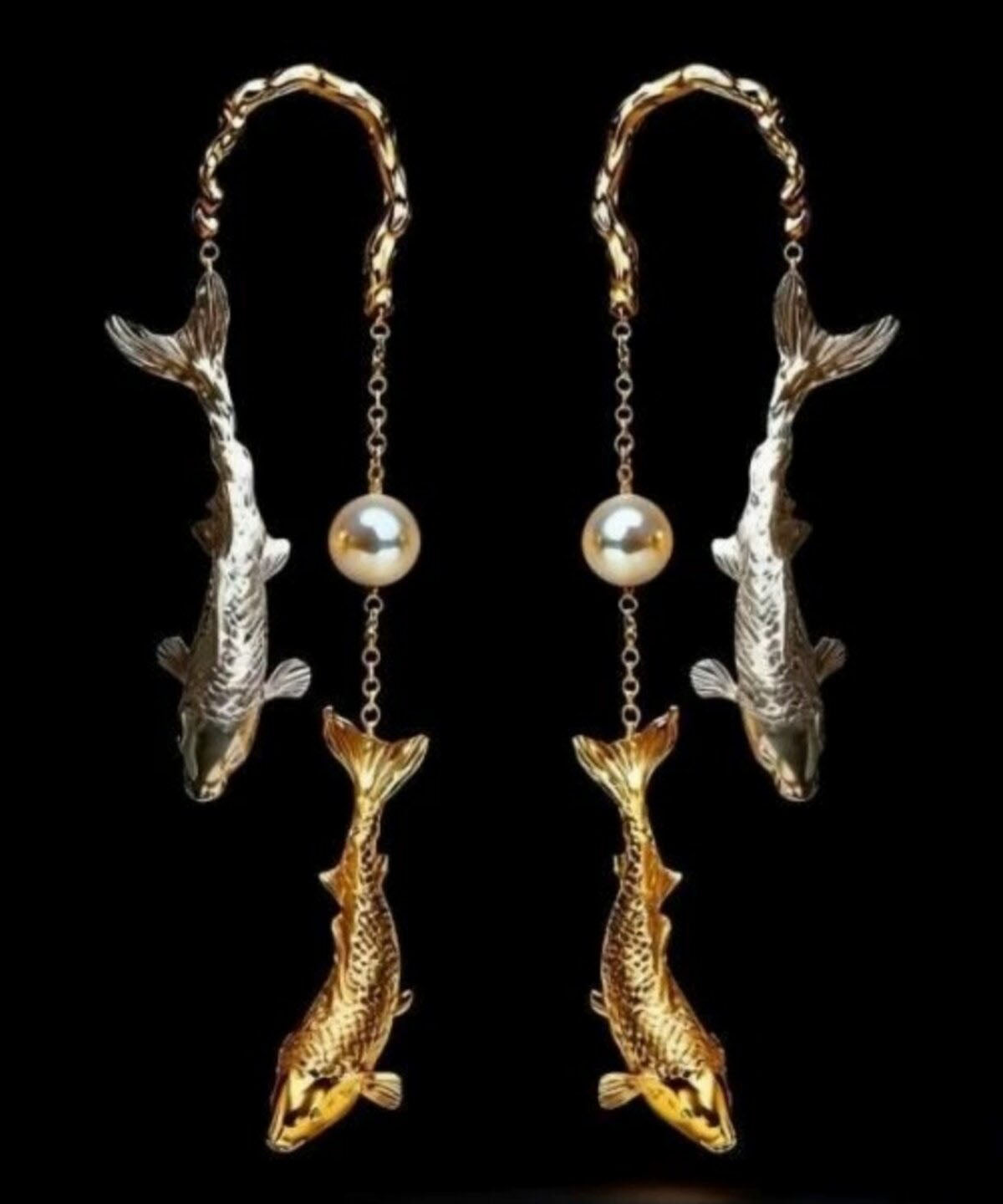 Chic Gold Copper Overgild Pearl Koi Fish Drop Earrings