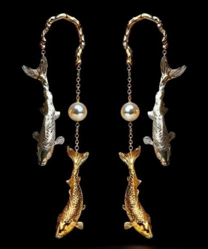 Chic Gold Copper Overgild Pearl Koi Fish Drop Earrings