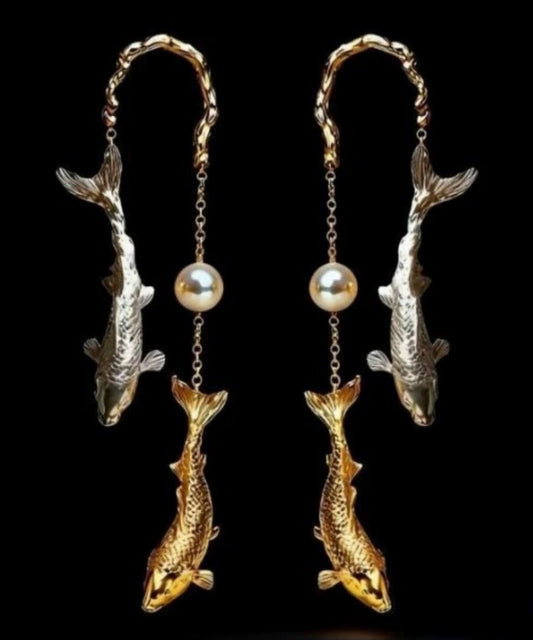 Chic Gold Copper Overgild Pearl Koi Fish Drop Earrings